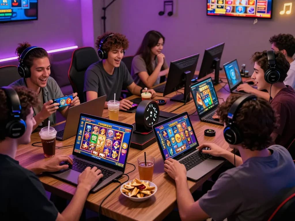 Pemain menikmati permainan situs slot di berbagai perangkat dalam suasana permainan yang cerah.