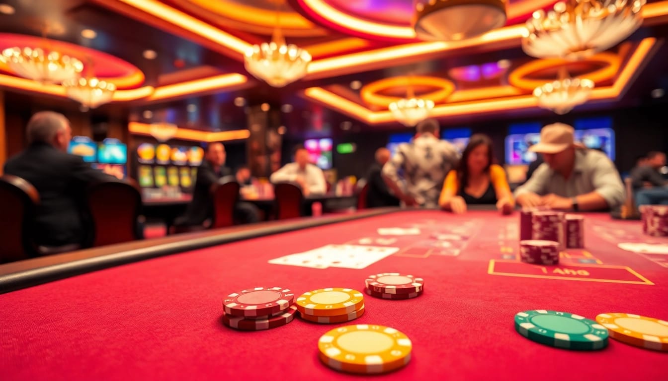 Menggambarkan pengalaman bermain di kasino melalui taiwannow.org/tw/about dengan meja poker dan kartu.