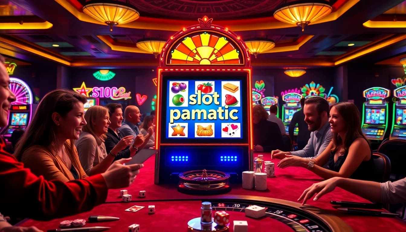 Excited players engaging with a slot pragmatic machine in a luxurious casino setting
