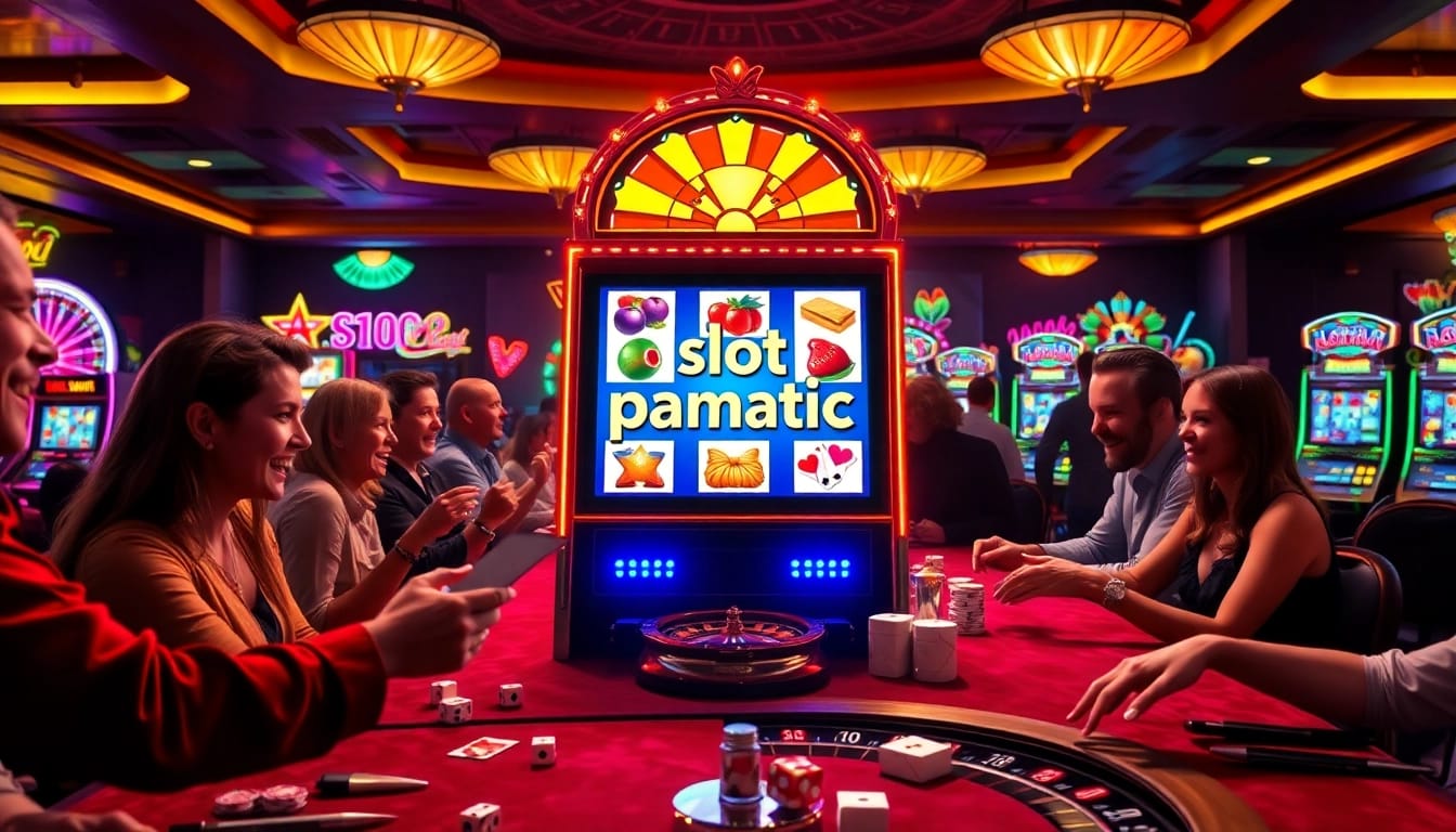 Excited players engaging with a slot pragmatic machine in a luxurious casino setting