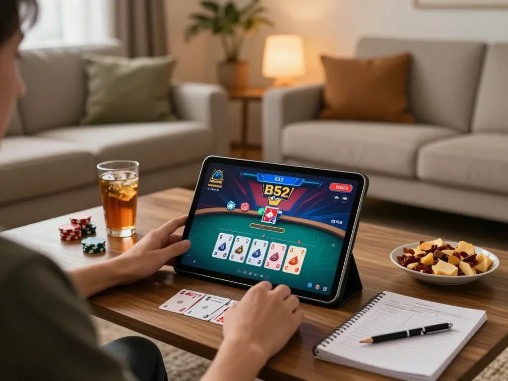 B52 players engaging in thrilling online poker action on a tablet in a cozy home setup
