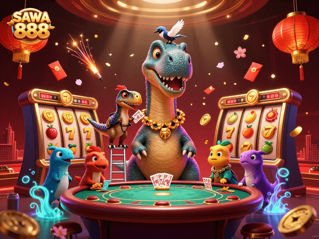 Experience SAWA 888's vibrant casino world with dynamic slot reels and playful characters.