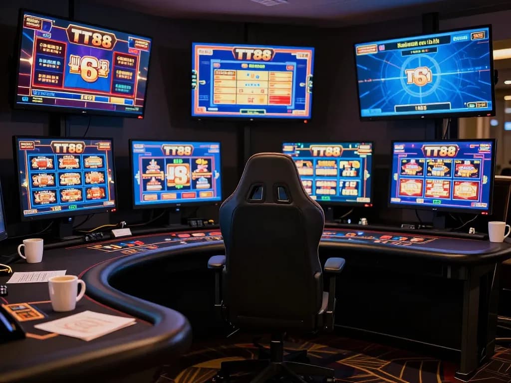 Engaging TT88 online casino gaming setup featuring multiple screens and strategic notes.