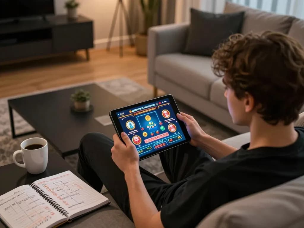 Engaging in casino online senza registrazione on a tablet at home with cozy lighting and strategic notes