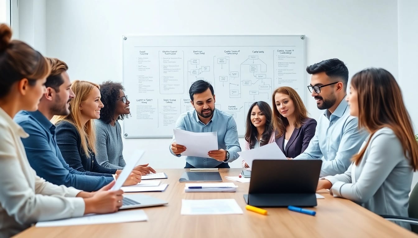 Engaged team discussing Contract Management strategies in a professional office environment.
