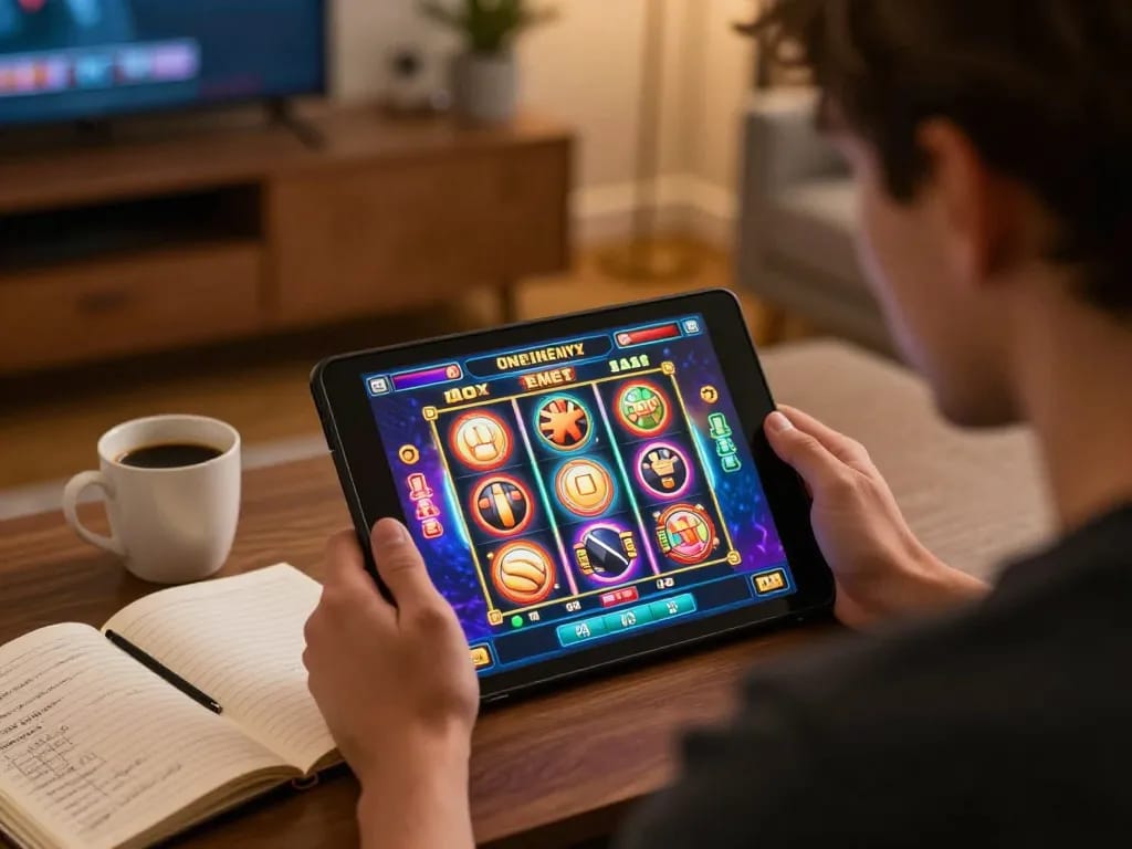 Player engaging with nohu1 online slot game on tablet, coffee cup beside notebook