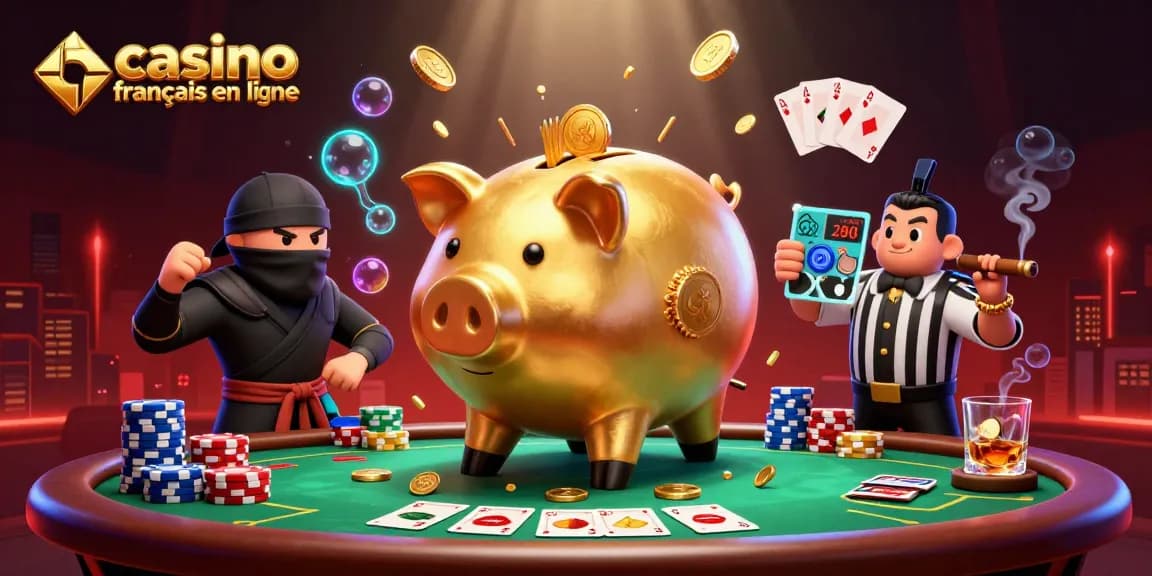 Venez jouer au casino français en ligne avec une illustration de personnages et d'éléments de jeu captivants.