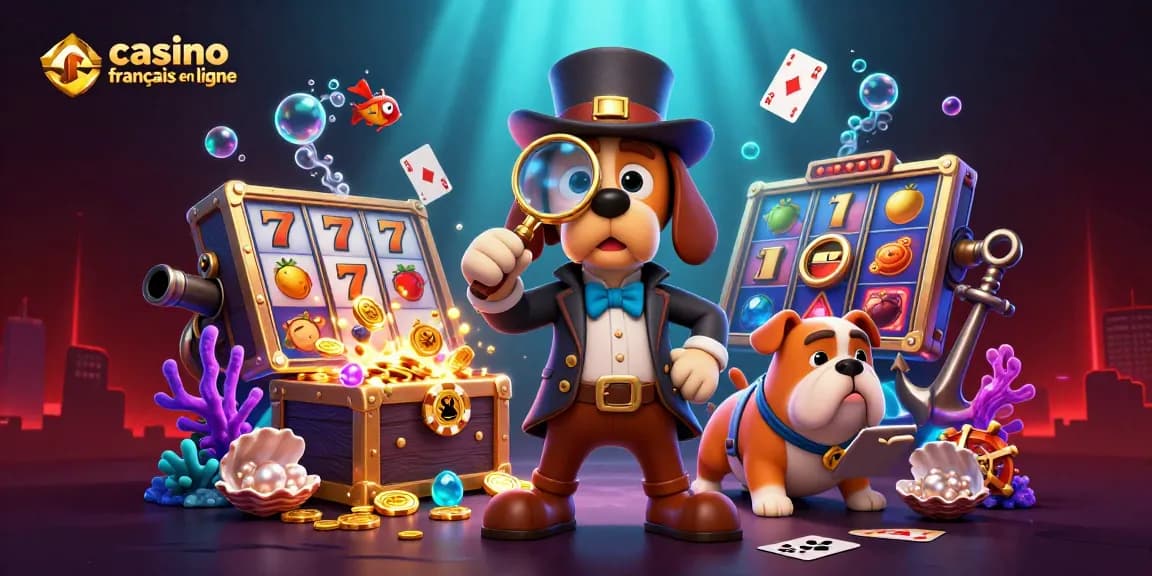 Illustration 3D de jeu en ligne avec détective canin et éléments de casino français en ligne