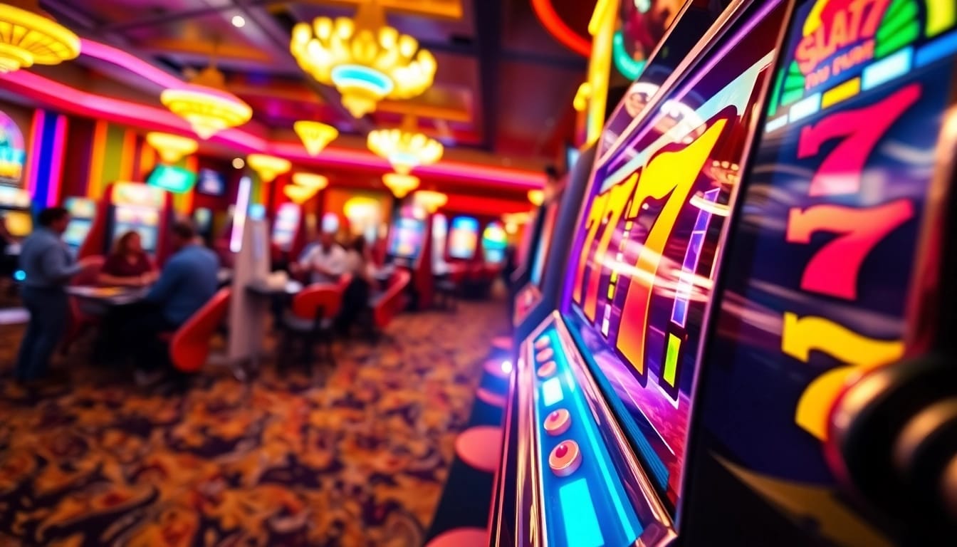 Menangkan jackpot dengan slot 777 yang menonjol di mesin slot berwarna-warni di dalam kasino.