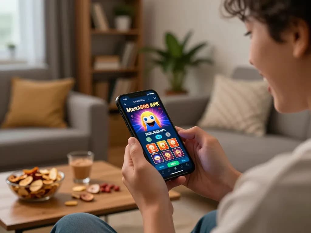 Player enjoying Mega888 APK mobile casino games at home with snacks and a cozy atmosphere