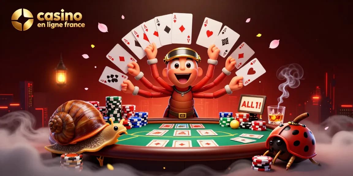 Vivez l'excitation du casino en ligne France avec un dealer mille-pattes et des jetons colorés.