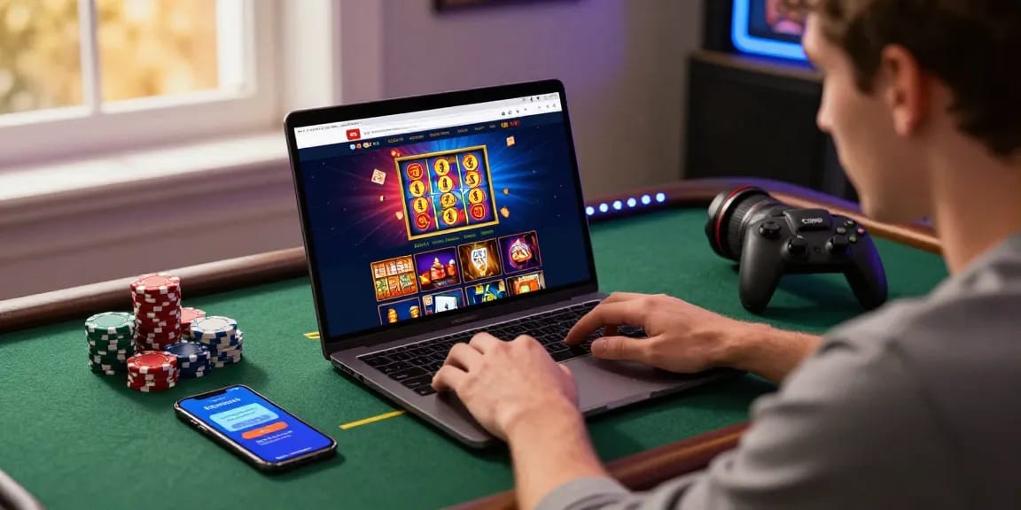 Experience the excitement of credit card casinos UK with a vibrant online gaming setup featuring a focused player and engaging casino visuals.