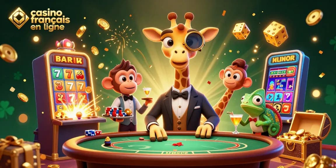 Illustration colorée d'un casino français en ligne, avec une girafe joueur et un singe valet.