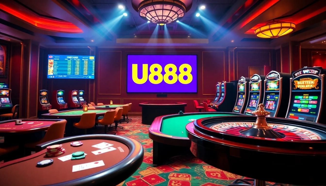 Betting at U888 with vibrant slots, tables, and excitement in a luxurious casino setting.