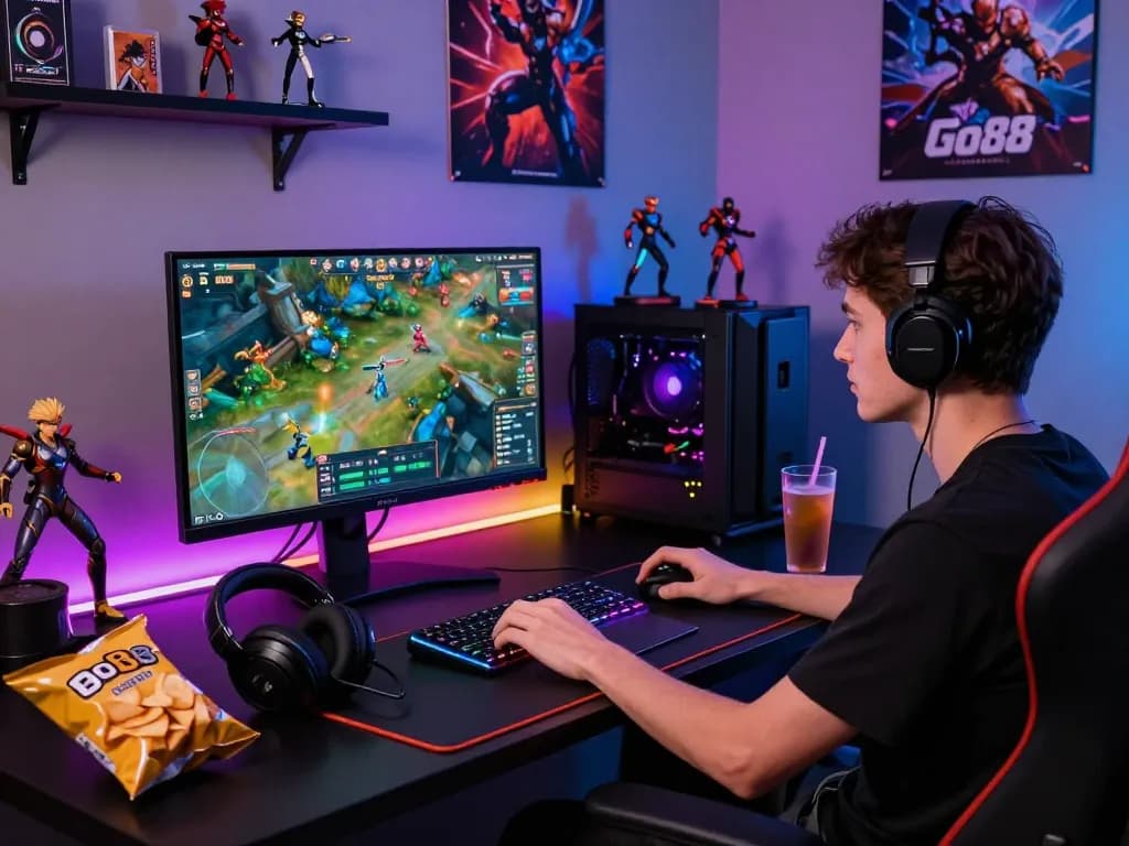 Experience the thrill of tải go88 with a captivating gaming setup full of vibrant graphics and immersive atmosphere.