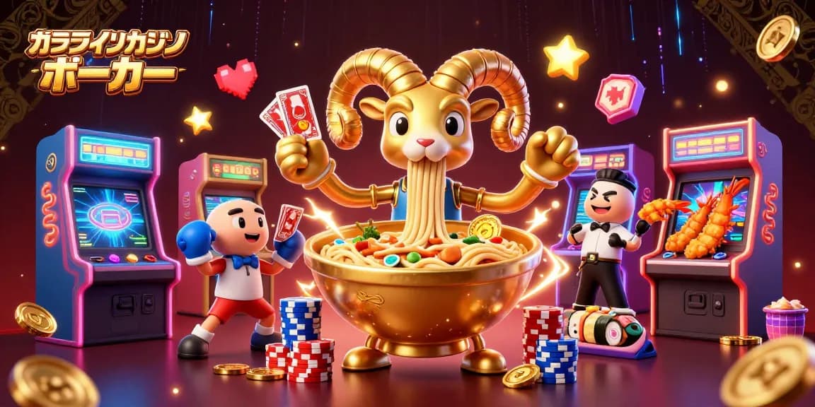 オンラインカジノ ポーカーでの勝負を楽しむキャラたちが描かれた豪華なイラスト。