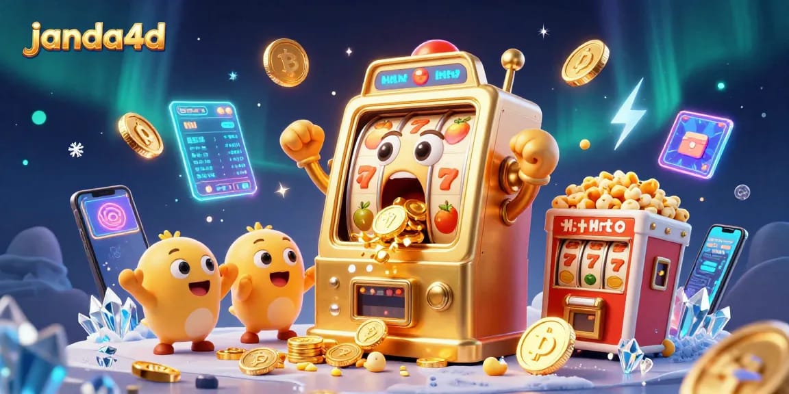 Mesin slot janda4d merayakan jackpot dengan koin berkilau, menciptakan suasana permainan yang meriah.