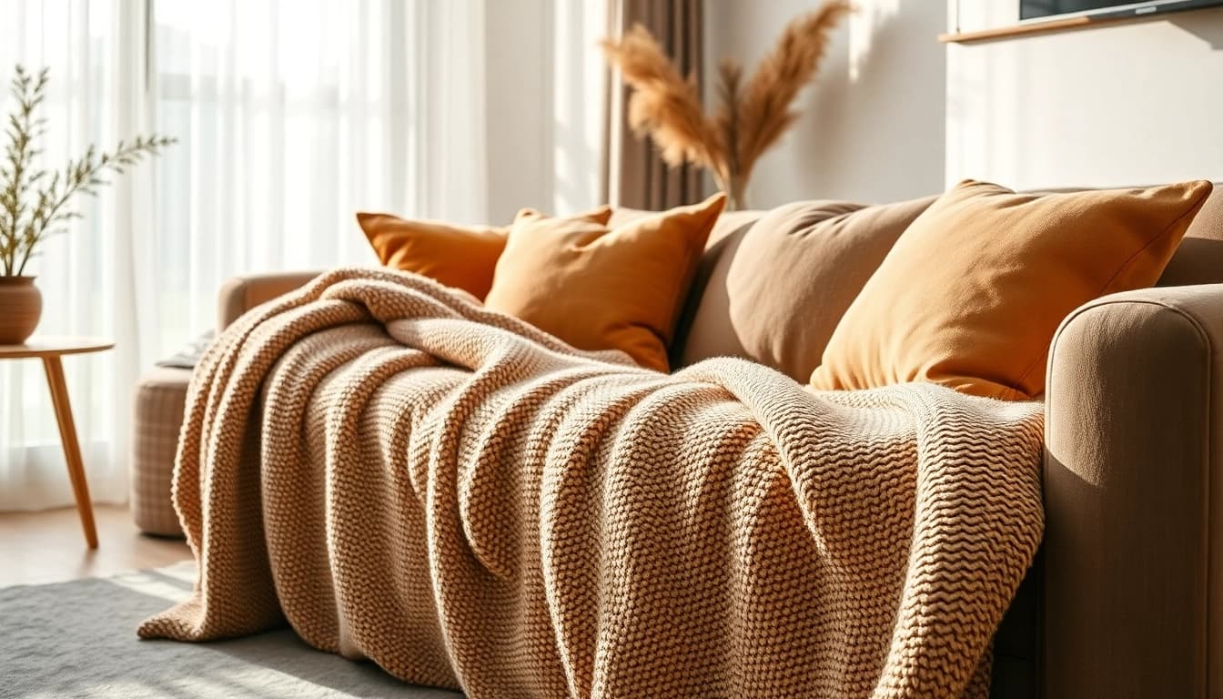 Creëer warmte met nepbont stoffen op een stijlvolle bank in een gezellige woonkamer.