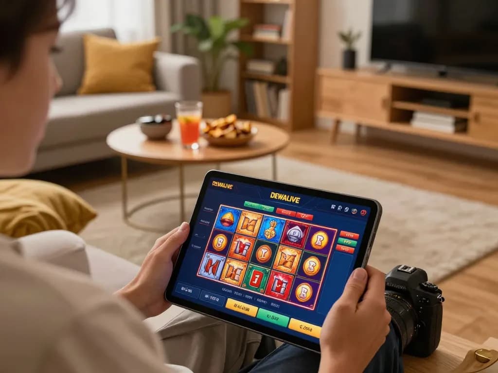 Engaging online gaming session with the latest DEWALIVE app on a cozy tablet setup, capturing strategic gameplay.