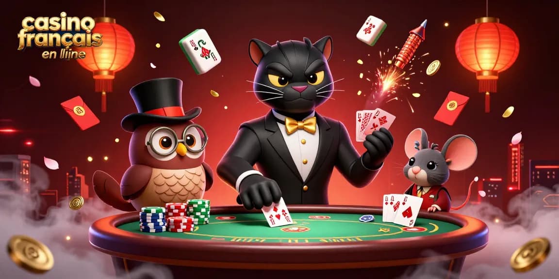 Casino francais en ligne: Une illustration dynamique de personnages de casino entourés d'éléments de jeux.