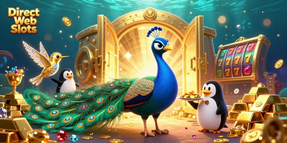 Experience big wins with Direct Web Slots featuring a vibrant peacock, butler penguin, and sparkling treasures.