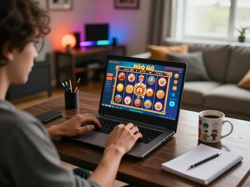 Player enjoying nổ hũ on a laptop in a cozy home setting, highlighting online gaming atmosphere