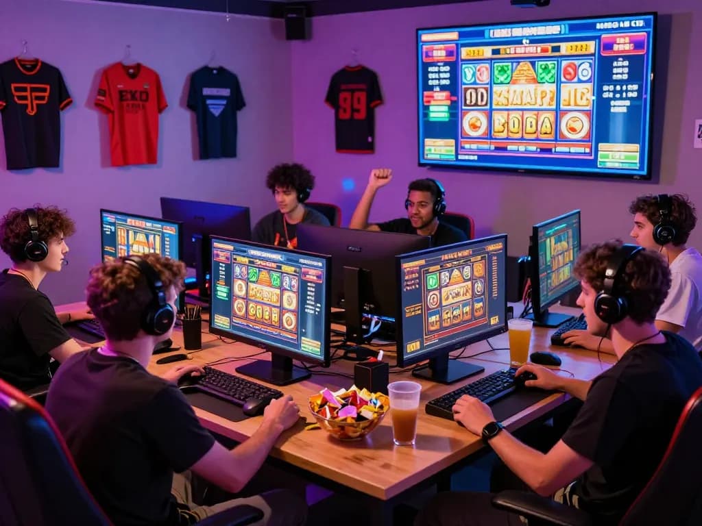 Friends enjoying situs slot gacor gaming session with vibrant ambiance and high scores.