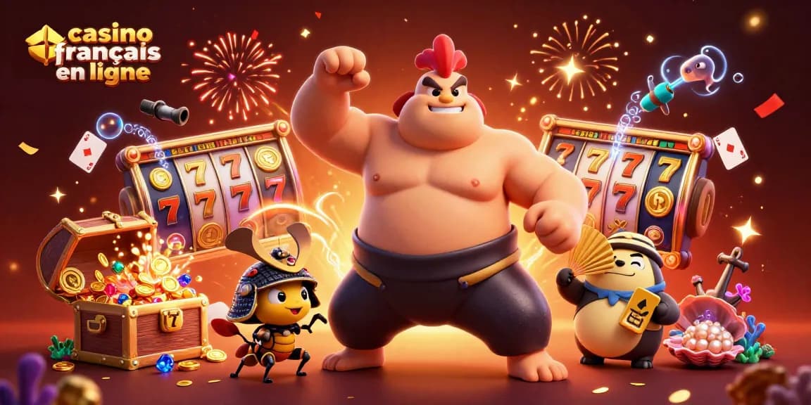 Atteignez des gains sur le casino francais en ligne avec les célébrations réunissant un coq sumo et un criquet samouraï.