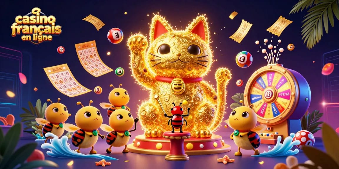 Visualisez le chat porte-bonheur du casino français en ligne entouré de boules de loterie vibrantes.