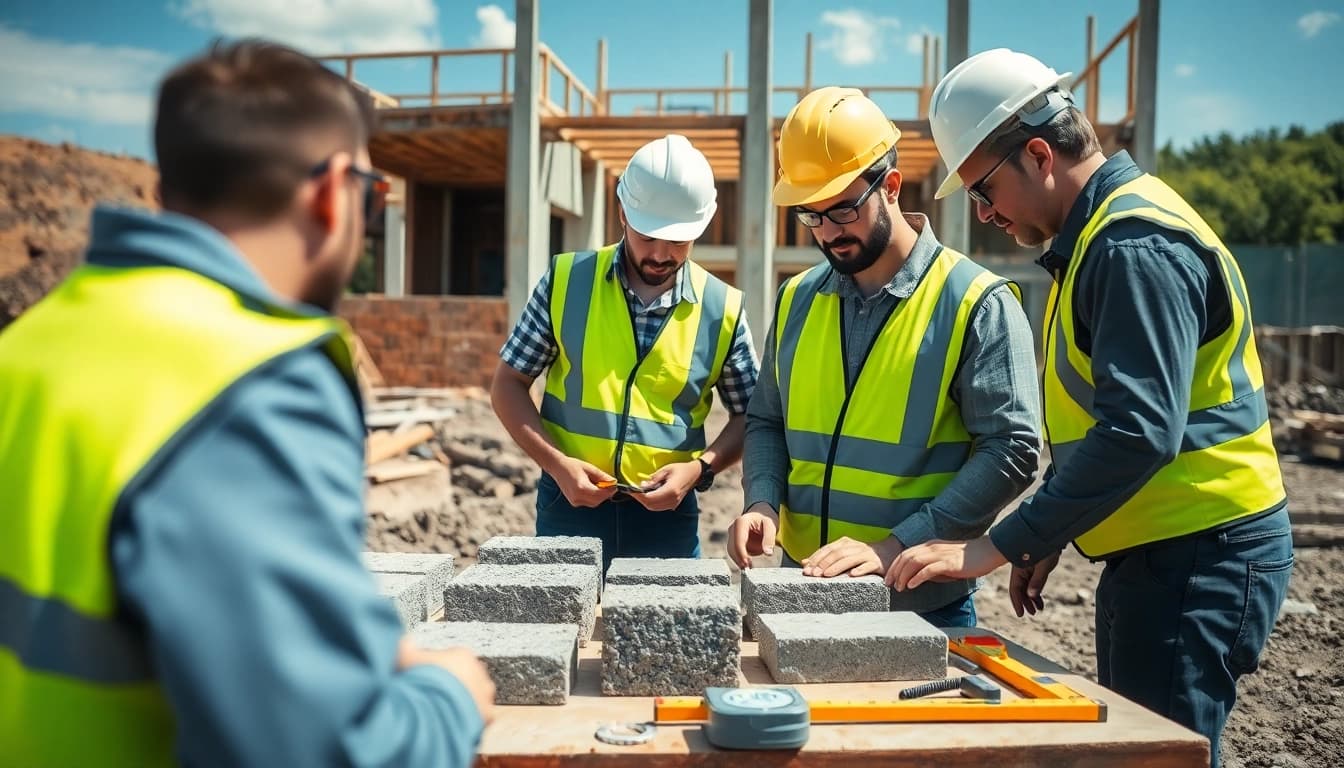 Engineers conducting construction assessment testing on concrete samples at a building site.