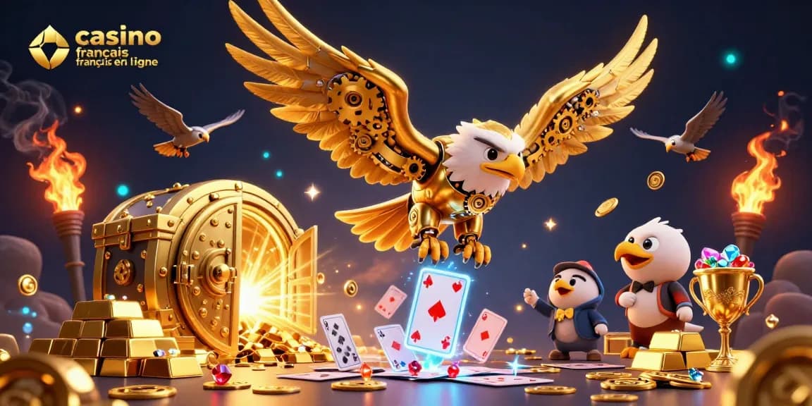 Vivez l'expérience des gains au casino français en ligne avec un aigle doré plongeant dans les cartes à jouer.