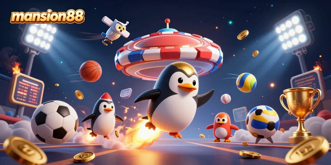 Experience the excitement of mansion88 with a golden penguin launching into a vibrant casino-themed galaxy.