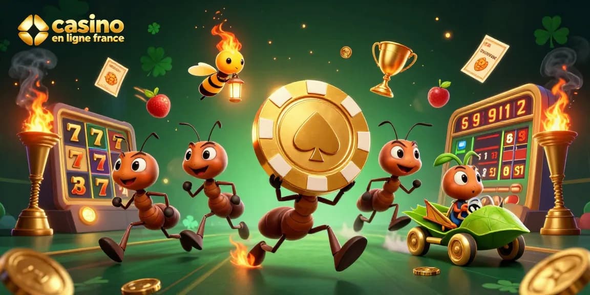 Jouer au casino en ligne France avec une aventure palpitante illustrée par des fourmis et des éléments de jeux.