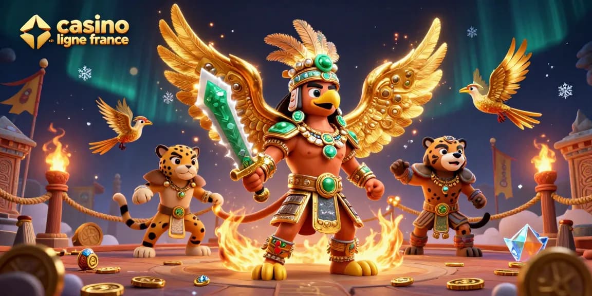Jouez avec les meilleurs jeux sur le casino en ligne France dans une illustration dynamique remplie de personnages et d'éléments de jeu.