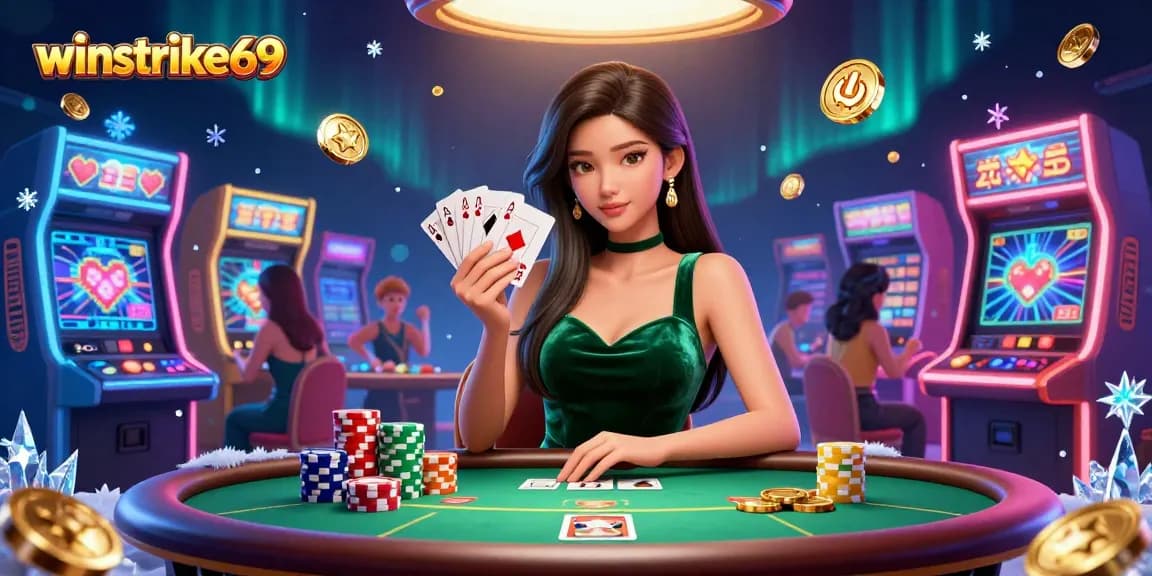 Engage with winstrike69 as an Asian woman masters poker at a vibrant luxury table.