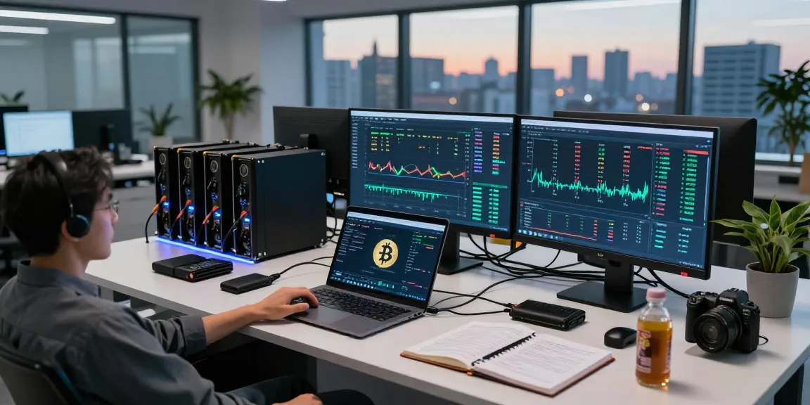 bitcoin mining service graphic showcasing advanced cryptocurrency mining hardware and real-time mining dashboards in a modern office.