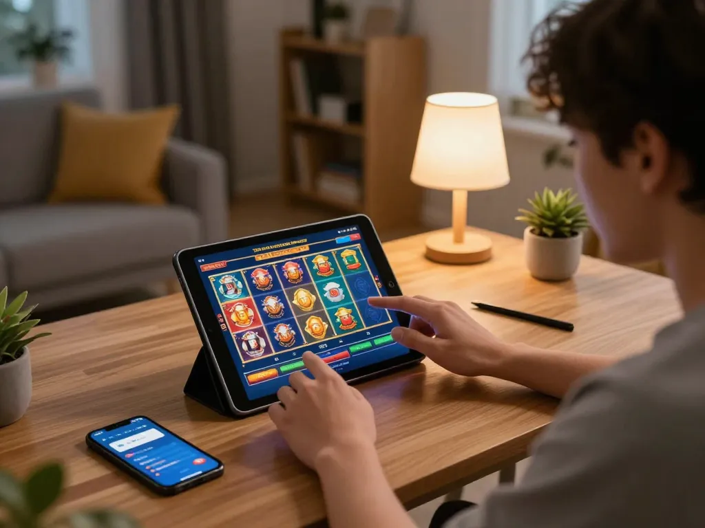 Engaging in สล็อตทดลอง at home with online gameplay interface visible on tablet screen