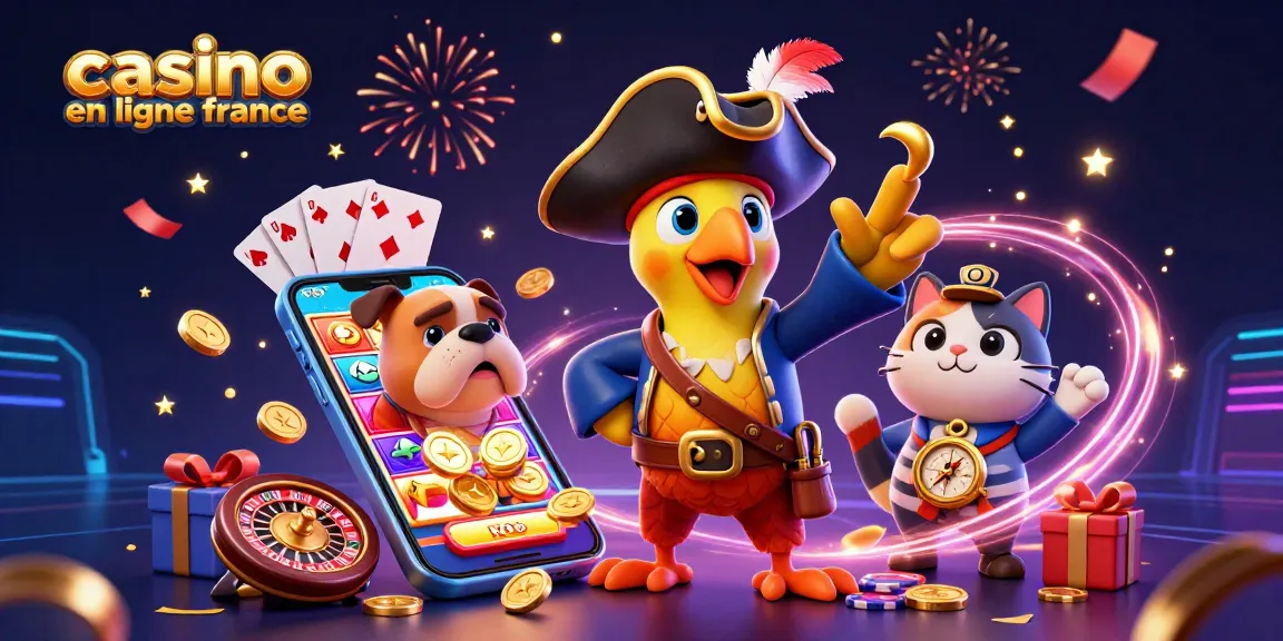 Venez jouer dans un casino en ligne France avec un pirate et ses compagnons, entourés de jeux et de gains.
