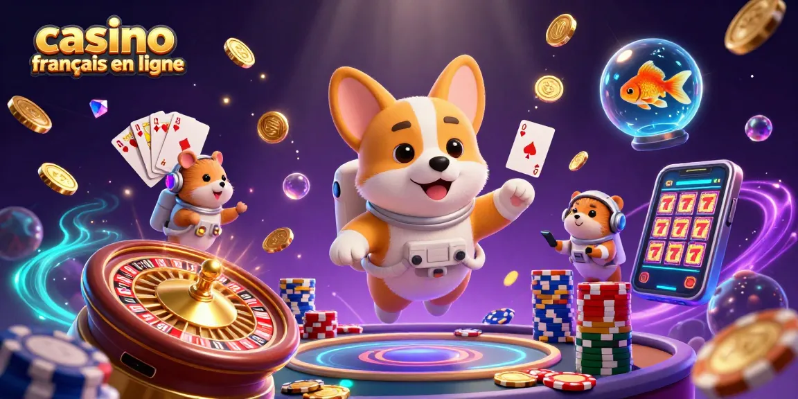 Profitez des jeux de casino français en ligne avec une expérience unique illustrée par un corgi astronaute.