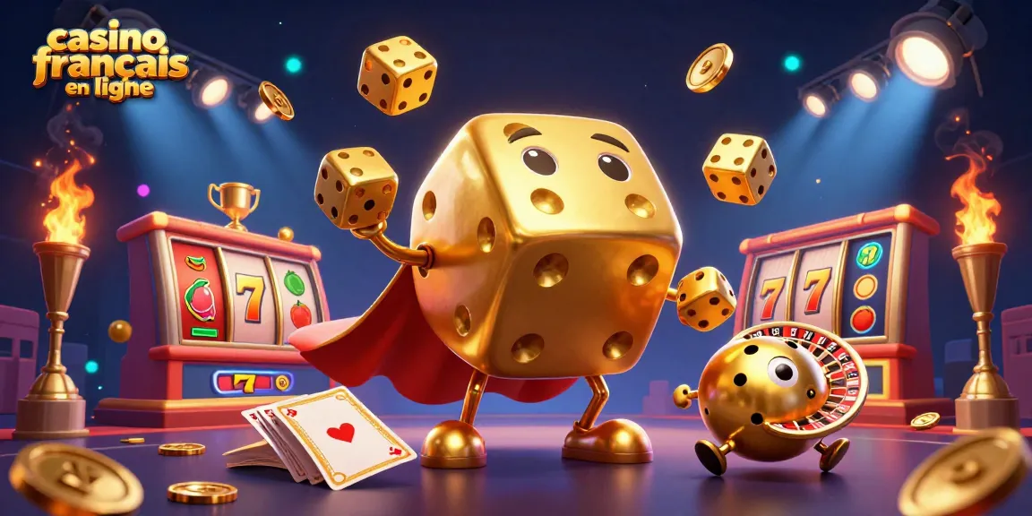 Jouez avec des dés dorés et des machines à sous dans un casino français en ligne animé.