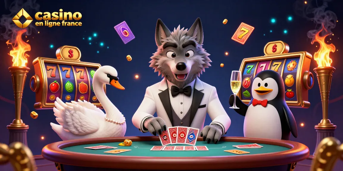 Jouez au casino en ligne France avec un loup élégant au baccarat, une cygne dealer, et un pingouin sommelier.