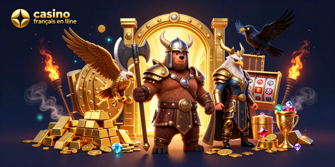 Jouez aux jeux de casino français en ligne avec un Viking et un aigle, entourés de trésors.