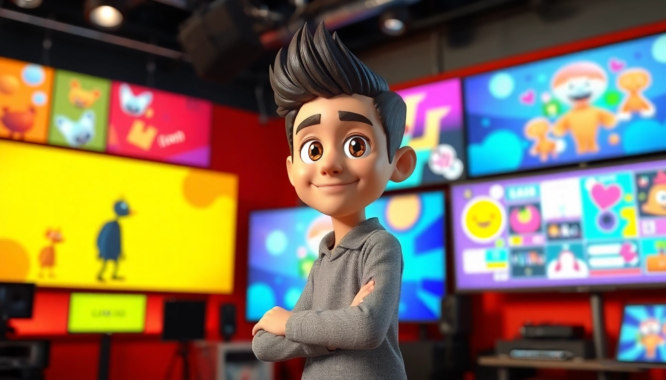 3D Animation character in a dynamic pose, surrounded by vibrant screens showcasing animation techniques.