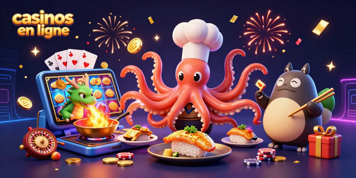 Jouez aux casinos en ligne avec une scène festive mettant en avant un chef pieuvre et un dragon, entourés de jeux et de récompenses.
