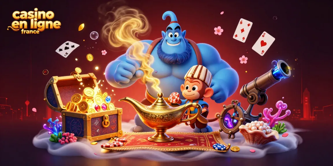 Jouez au casino en ligne en France avec une illustration dynamique de génie et de pièces d'or