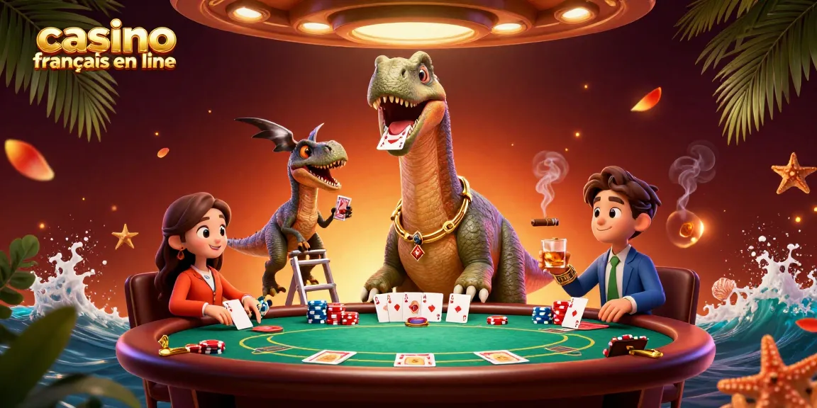 Jouez au casino francais en ligne avec un brontosaurus et un raptor dealers à la table de poker.