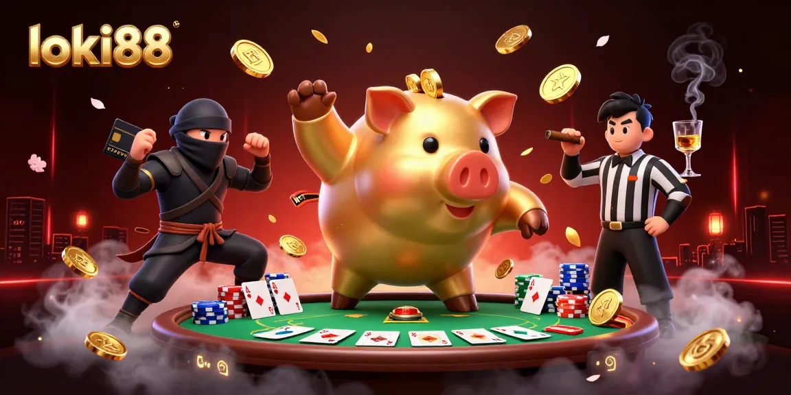 Loki88 casino scene showcasing a golden piggy bank sumo wrestler, wallet-ninja, and credit-card samurai amidst poker elements.