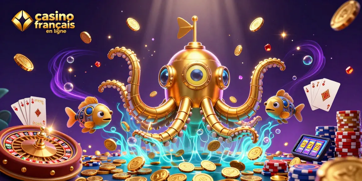 Plongée dans l'univers du casino français en ligne avec un kraken doré entouré de pièces d'or et de cartes à jouer.