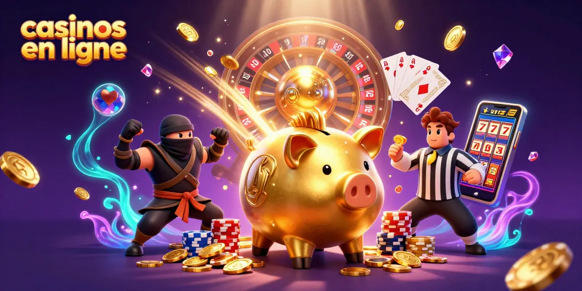 Vivez l'excitation des casinos en ligne avec cette illustration dynamique pleine de pièces dorées et de personnages captivants.
