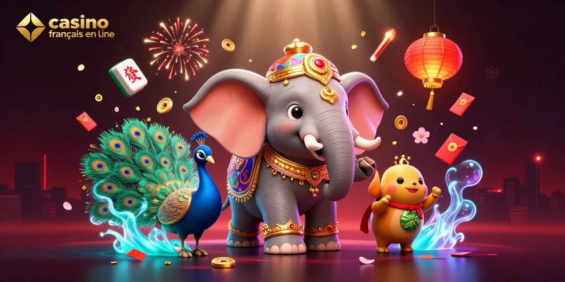 Jouez et gagnez sur casino francais en ligne, illustration dynamique d'un éléphant et d'un paon dans un décor festif.